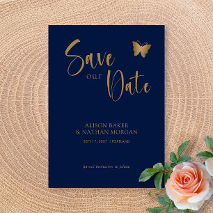 Reserve A Data Casamento Borboleta Brilhante: Azul Marinho e Dour
