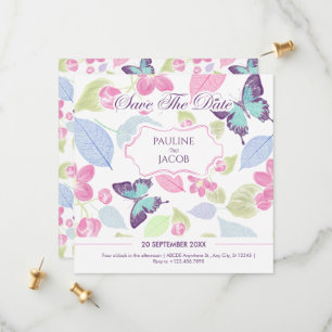 Reserve A Data Casamento borboletas folhas verde rosa suave paste