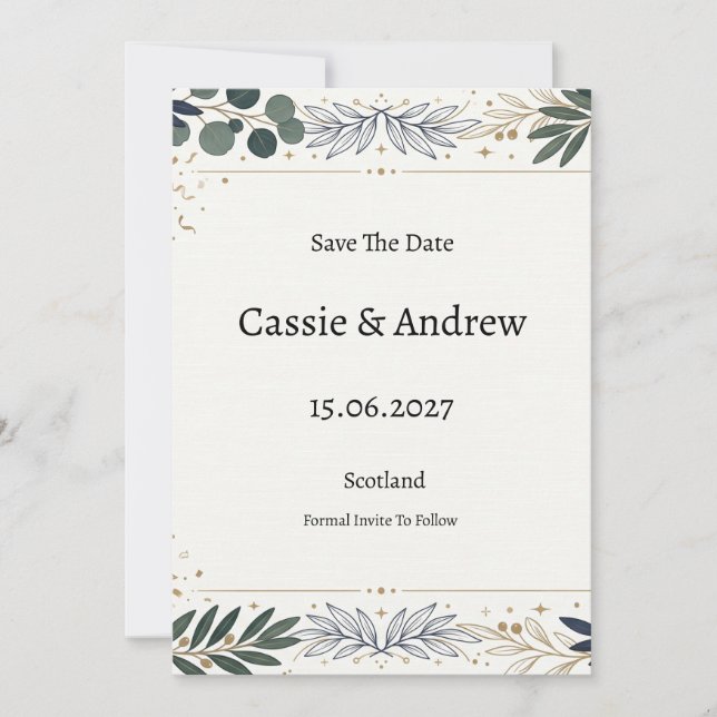 Reserve A Data Casamento Botânico Azul (Frente)