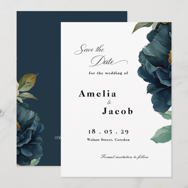 Reserve A Data Casamento Botânico Azul Marinho Elegante (Frente/Verso)