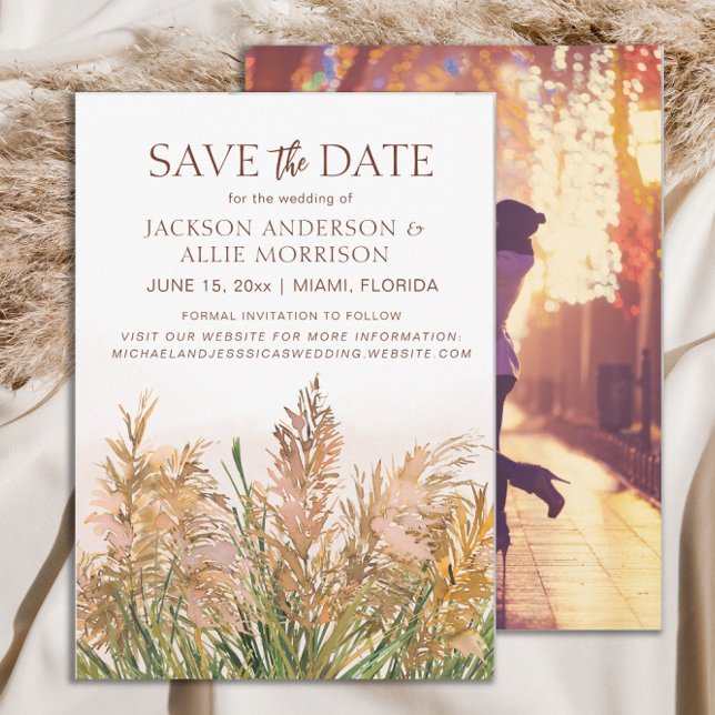 Reserve A Data Casamento Botânico Boêmio Rústico de Grama das Pam (Rustic pampas grass wedding Save the Date photo card)