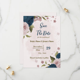Reserve A Data casamento botânico com flores azuis cor-de-rosa