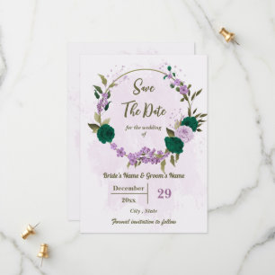 Reserve A Data casamento botânico com flores roxas esmeraldas