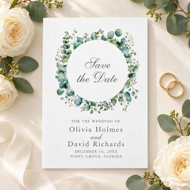 Reserve A Data Casamento Botânico de Eucalipto com Vegetação Mode (Modern Greenery Eucalyptus Botanical Wedding Save The Date)