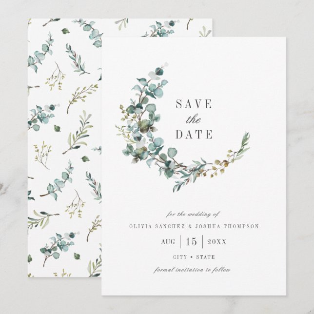 Reserve A Data Casamento Botânico de Eucalipto em Aquarela (Frente/Verso)