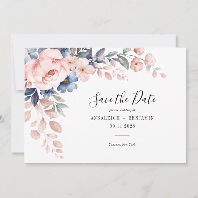 Reserve A Data Casamento Botânico de Script Floral Rosa Elegante (Frente)