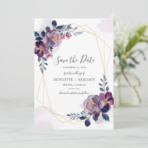 Reserve A Data Casamento Botânico de Script Floral Roxo Geométric