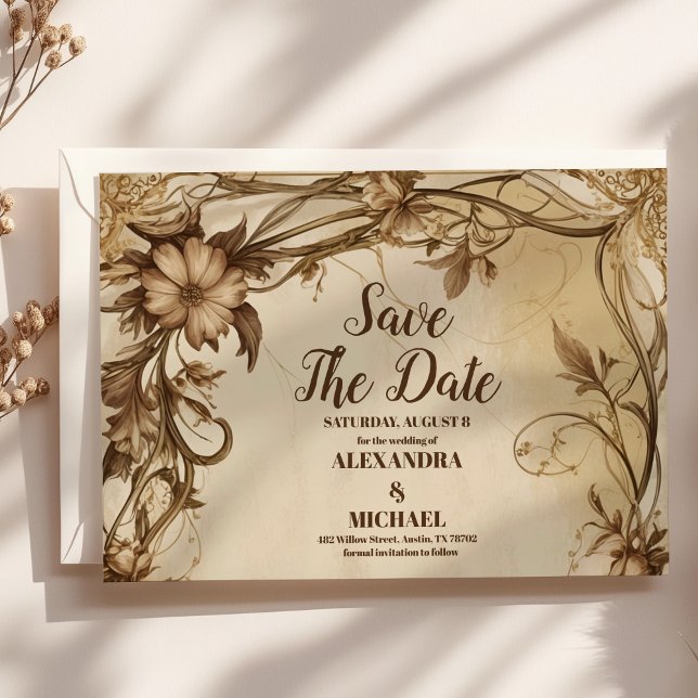Reserve A Data Casamento Botânico Dourado Art Nouveau (Criador carregado)