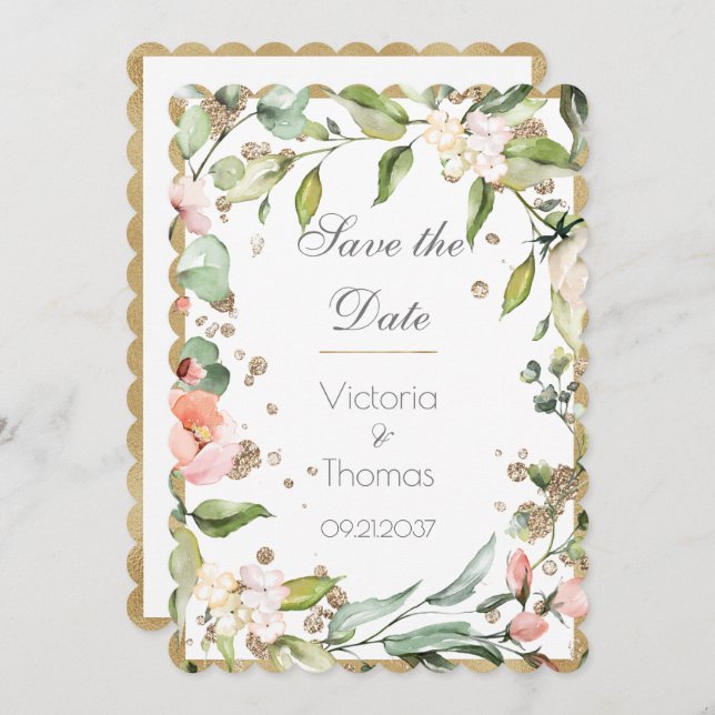 Reserve A Data Casamento Botânico Dourado Elegante Floral, Blush, (Frente/Verso)