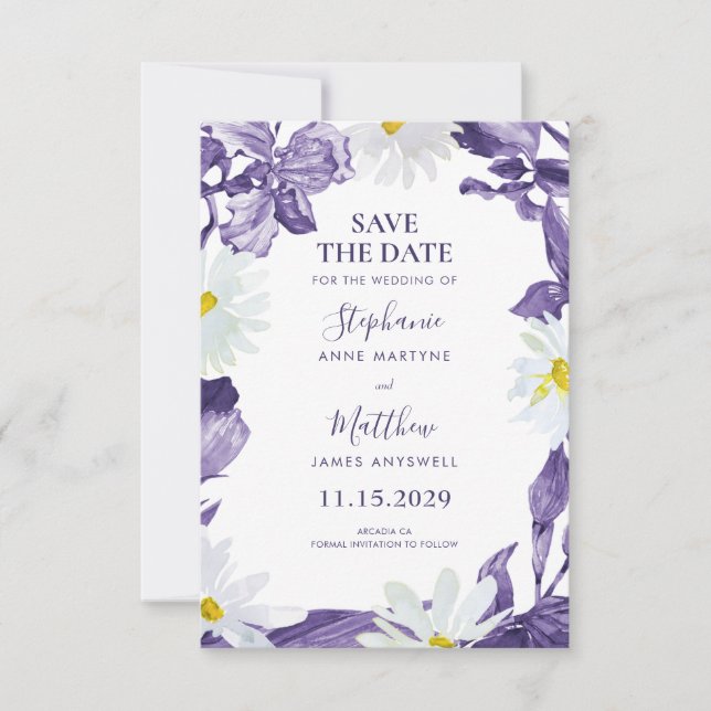 Reserve A Data Casamento Botânico Dusty Purple Iris White Daisy (Frente)