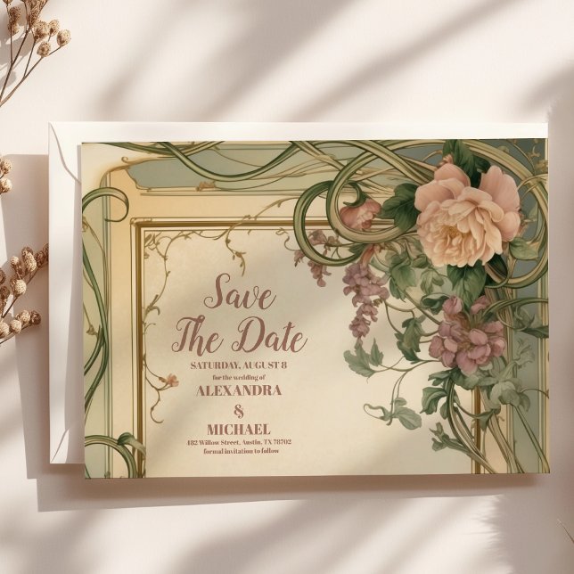 Reserve A Data Casamento Botânico Elegante Art Nouveau (Criador carregado)