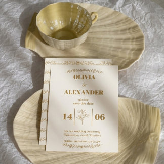 Reserve A Data Casamento Botânico em Dourado Elegante