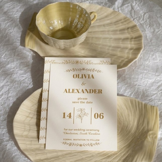 Reserve A Data Casamento Botânico em Dourado Elegante (Criador carregado)