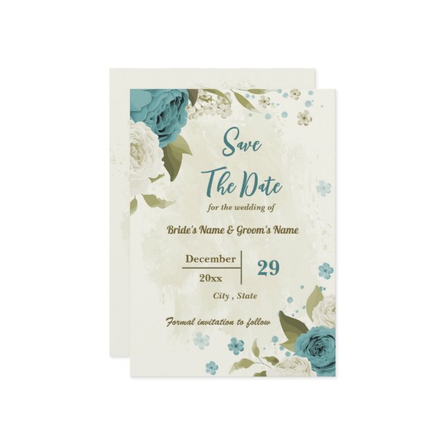 Reserve A Data casamento botânico entre flores brancas e azuis (Frente/Verso In Situ)