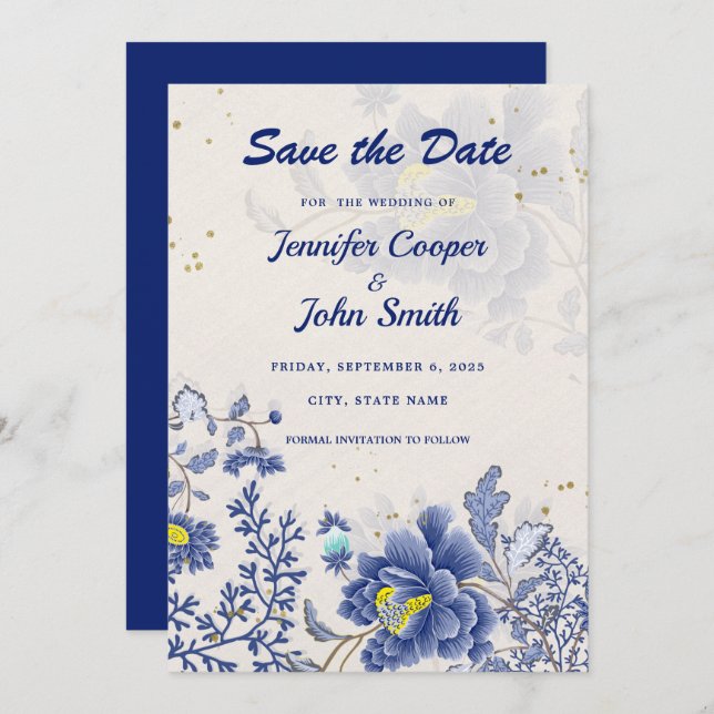 Reserve A Data Casamento Botânico Floral Azul Elegante (Frente/Verso)