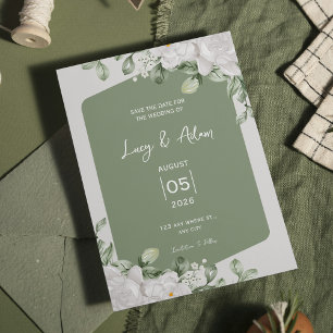 Reserve A Data Casamento Botânico Floral Branco de Elegante Verde