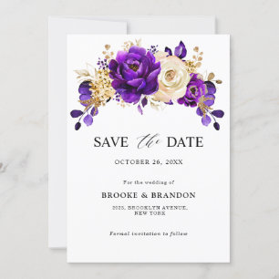 Reserve A Data Casamento Botânico Floral Roxo Real Dourado