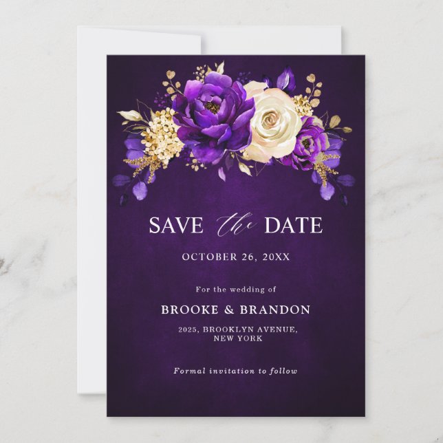 Reserve A Data Casamento Botânico Floral Roxo Real Dourado  (Frente)