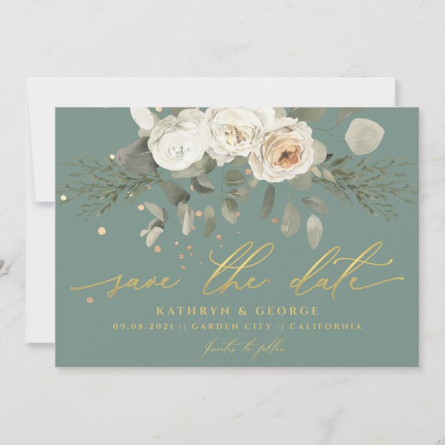 Reserve A Data Casamento Botânico Floral Suave com Verde Sálvia (Frente)