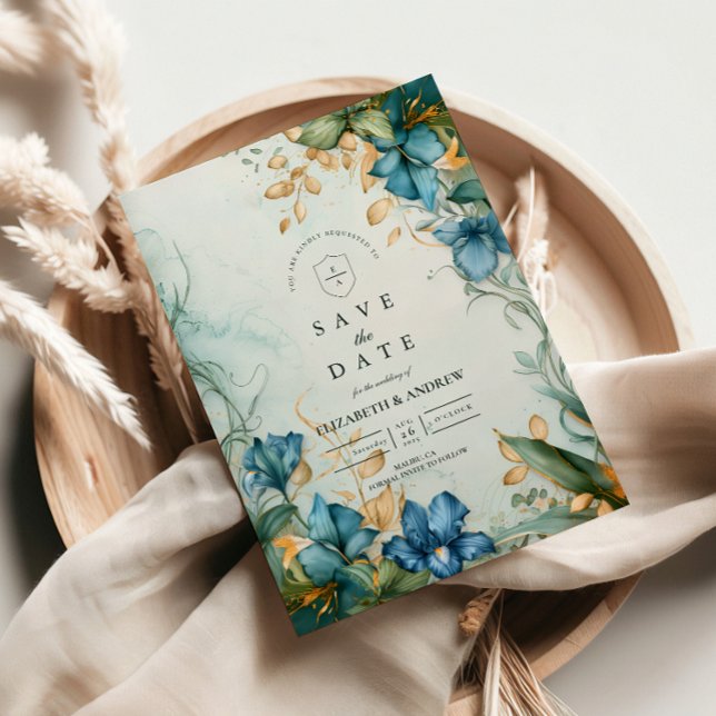 Reserve A Data Casamento Botânico Lírio Azul Elegante (Criador carregado)
