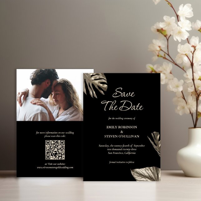 Reserve A Data Casamento Botânico Preto e Dourado com Foto e QR (Criador carregado)