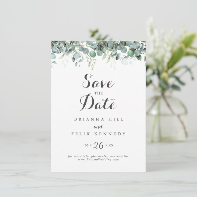 Reserve A Data Casamento Botânico Rústico com Verde Eucalipto (Em pé/Frente)