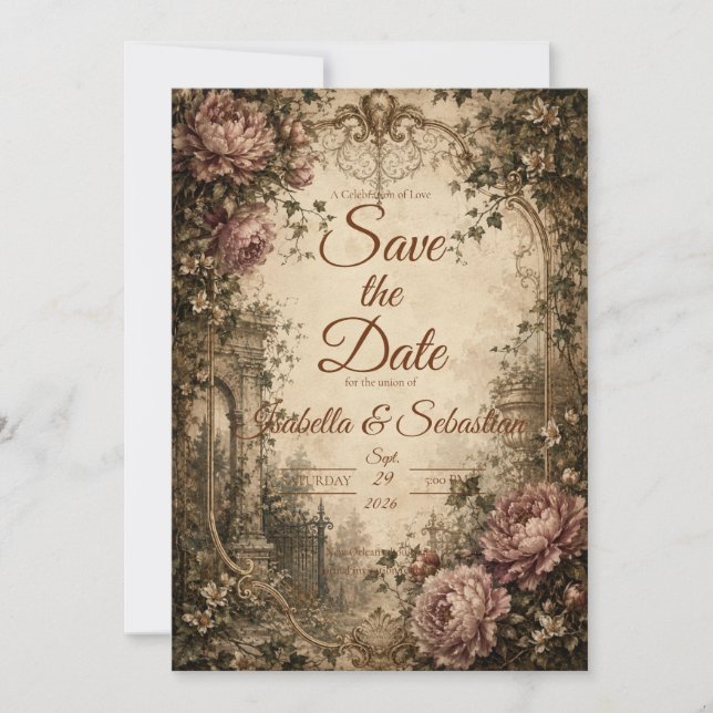 Reserve A Data Casamento Botânico Vintage Elegante (Frente)