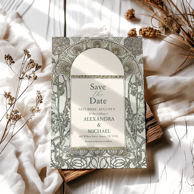 Reserve A Data Casamento Bougainvillea Green Art Nouveau Mucha (Criador carregado)