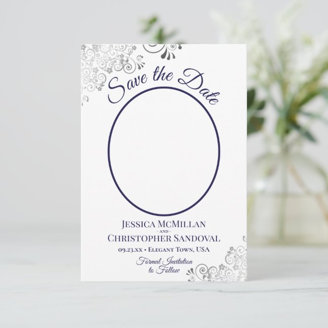 Reserve A Data Casamento Branco com Marinho Azul Foto de Silver S (Em pé/Frente)