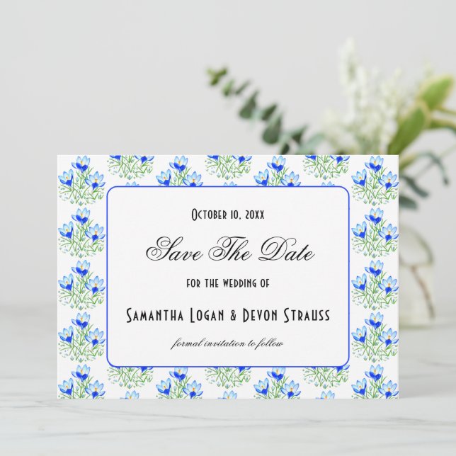Reserve A Data Casamento Branco Crocus Azul (Em pé/Frente)