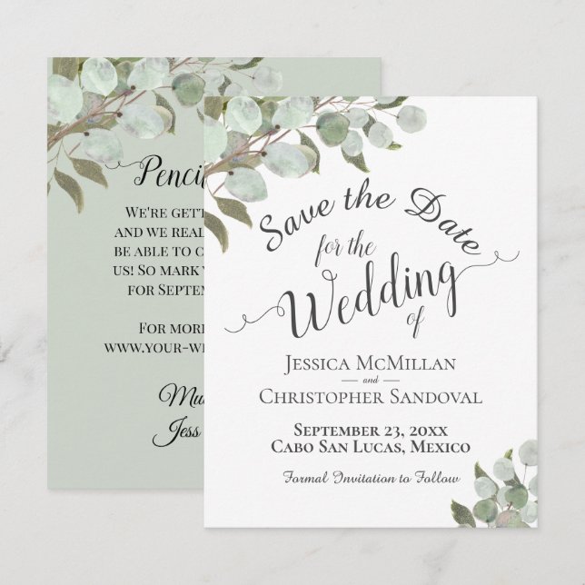 Reserve A Data Casamento Branco Da Rustic Watercolor Eucalyptus D (Frente/Verso)