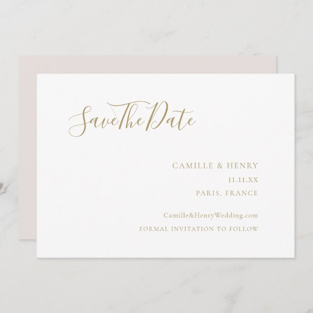 Reserve A Data Casamento Branco Dourado Manuscrito Moderno e Mini (Frente/Verso)