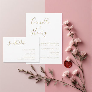 Reserve A Data Casamento Branco Dourado Manuscrito Moderno e Mini