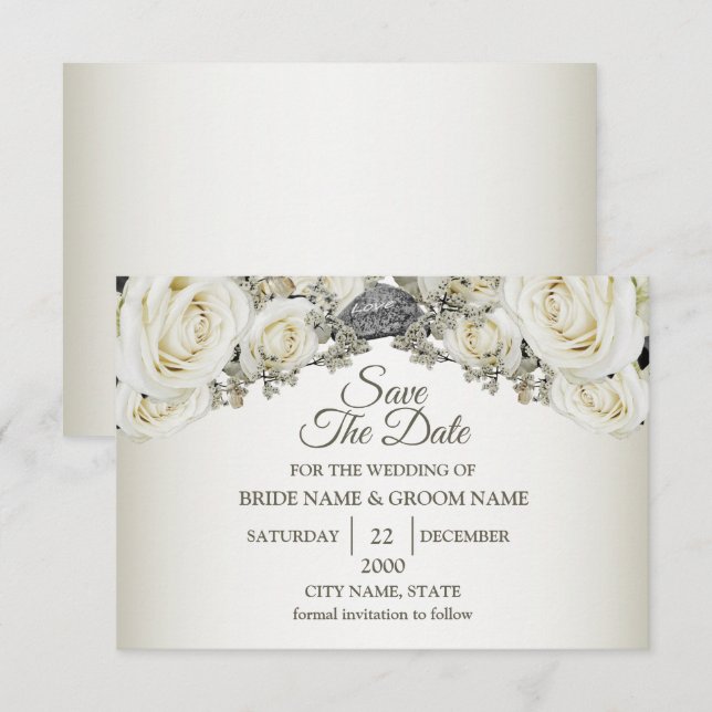Reserve A Data Casamento Branco Flora Verde Beige Elegante Modern (Frente/Verso)
