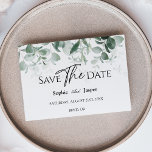 Reserve A Data Casamento Branco Moderno Salva a Data<br><div class="desc">Este moderno apartamento de casamento branco verde salva a data design apresenta fácil mistura e combinar estilos de coordenação em preto e branco com delicados elementos verdes, acrescentando um florescimento gracioso em torno de uma simples tipografia sofisticada e um belo roteiro de caligrafia. A aquarela eucalipto e outras folhas botânicas...</div>