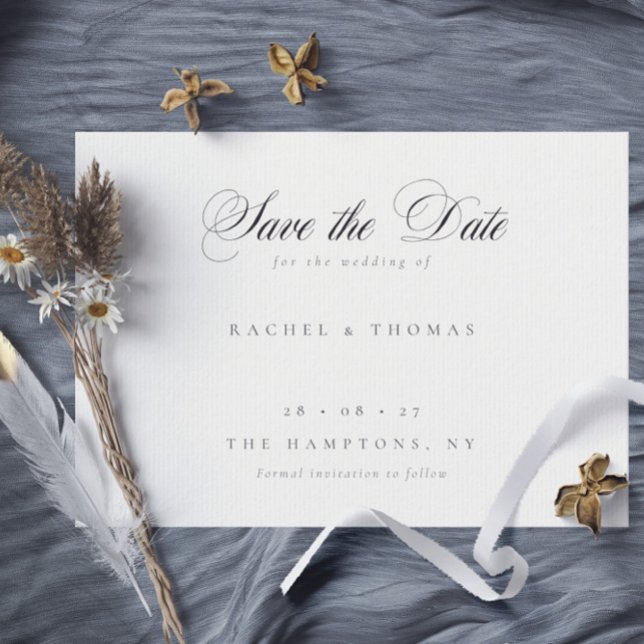 Reserve A Data Casamento Branco Negro do Monograma de Caligrafia  (Elegant Calligraphy Monogram Black White Wedding Save The Date- horizontal card)