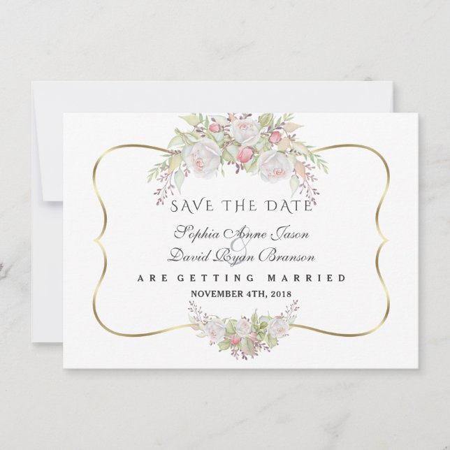 Reserve A Data Casamento Branco Rosa Rosa Azul Marinho Dourado (Frente)