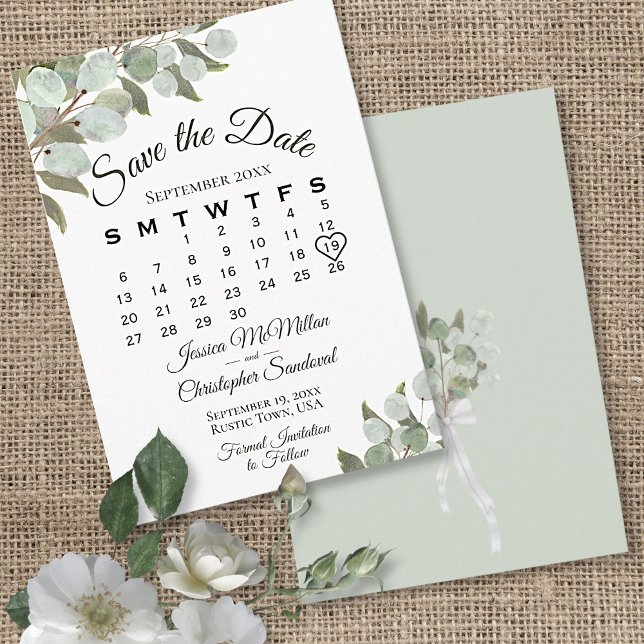 Reserve A Data Casamento Branco Rustic Eucalyptus Greenery Calend (Front and Back)