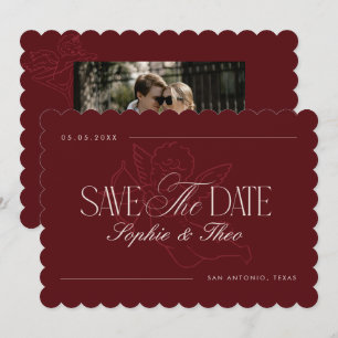 Reserve A Data Casamento Burgundy com Borda Ondulada Retro Cherub