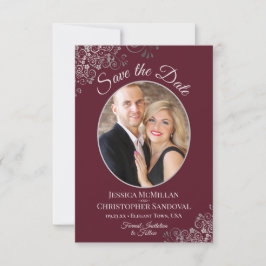 Reserve A Data Casamento Burgundy com Renda Prata e Foto Elegante