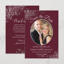 Reserve A Data Casamento Burgundy com Renda Prata e Foto Elegante