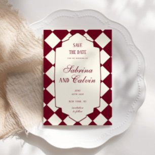Reserve A Data Casamento Burgundy Xadrez Retro Elegante