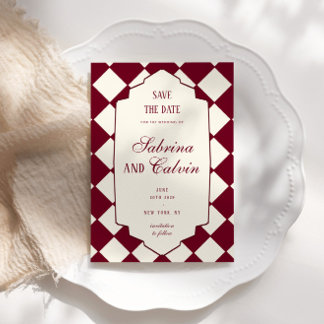 Reserve A Data Casamento Burgundy Xadrez Retro Elegante