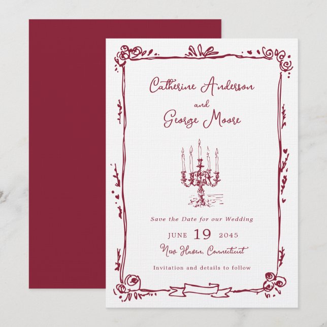 Reserve A Data Casamento Candelabro Desenhado à Mão com Tinta Cap (Frente/Verso)