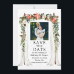 Reserve A Data Casamento Canopy Watercolor Poinsettia Foto Floral<br><div class="desc">Canopy Watercolor Poinsettia Foto Floral Salva o Cartão de Datas inclui poinsetos vermelhos,  rosas brancas,  cones de pínus e verde botânico. Foto do casal.</div>