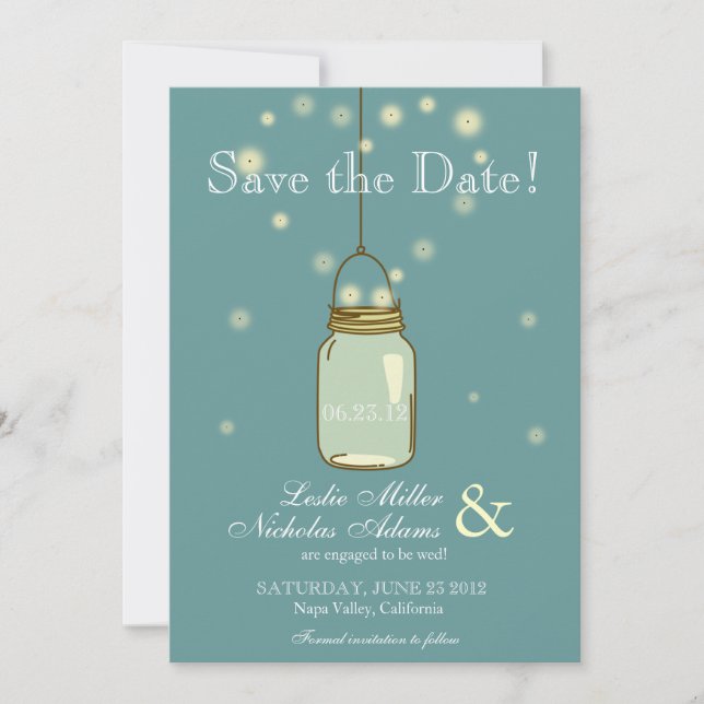 Reserve A Data Casamento Cardíaco Mason Jar Fireflies Salvar Data (Frente)