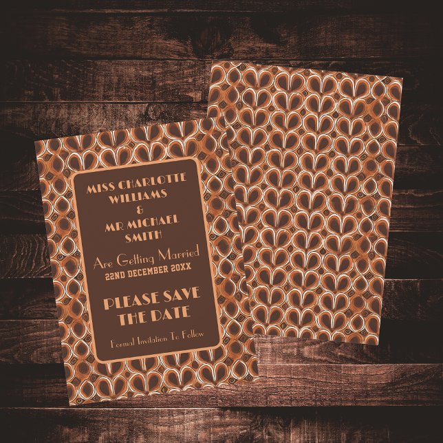 Reserve A Data Casamento Castanho e Laranja Da Groovy Retro Dos A (Front And Back)