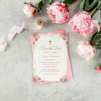 Reserve A Data Casamento Católico Floral Cristão Rosa Tradicional