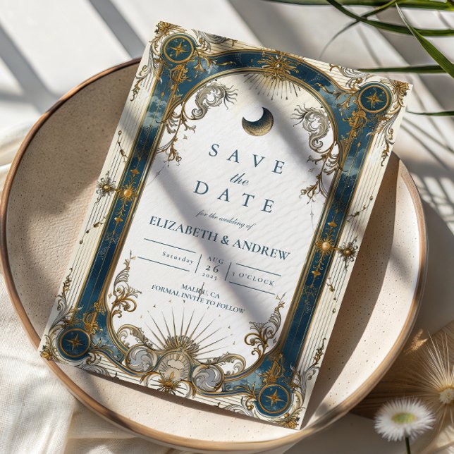 Reserve A Data Casamento Celestial Art Nouveau Azul Dourado (Criador carregado)
