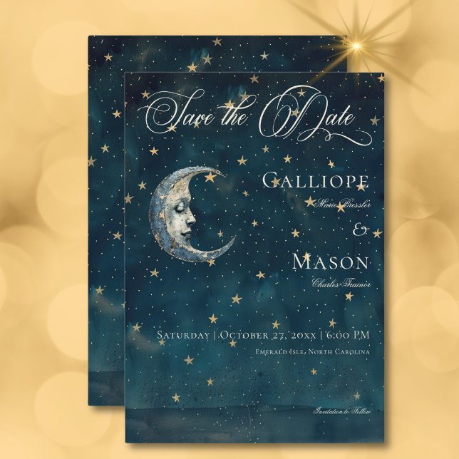 Reserve A Data Casamento Celestial de Lua Azul Crescente (Celestial Midnight Blue Crescent Moon Wedding Save The Date Card)